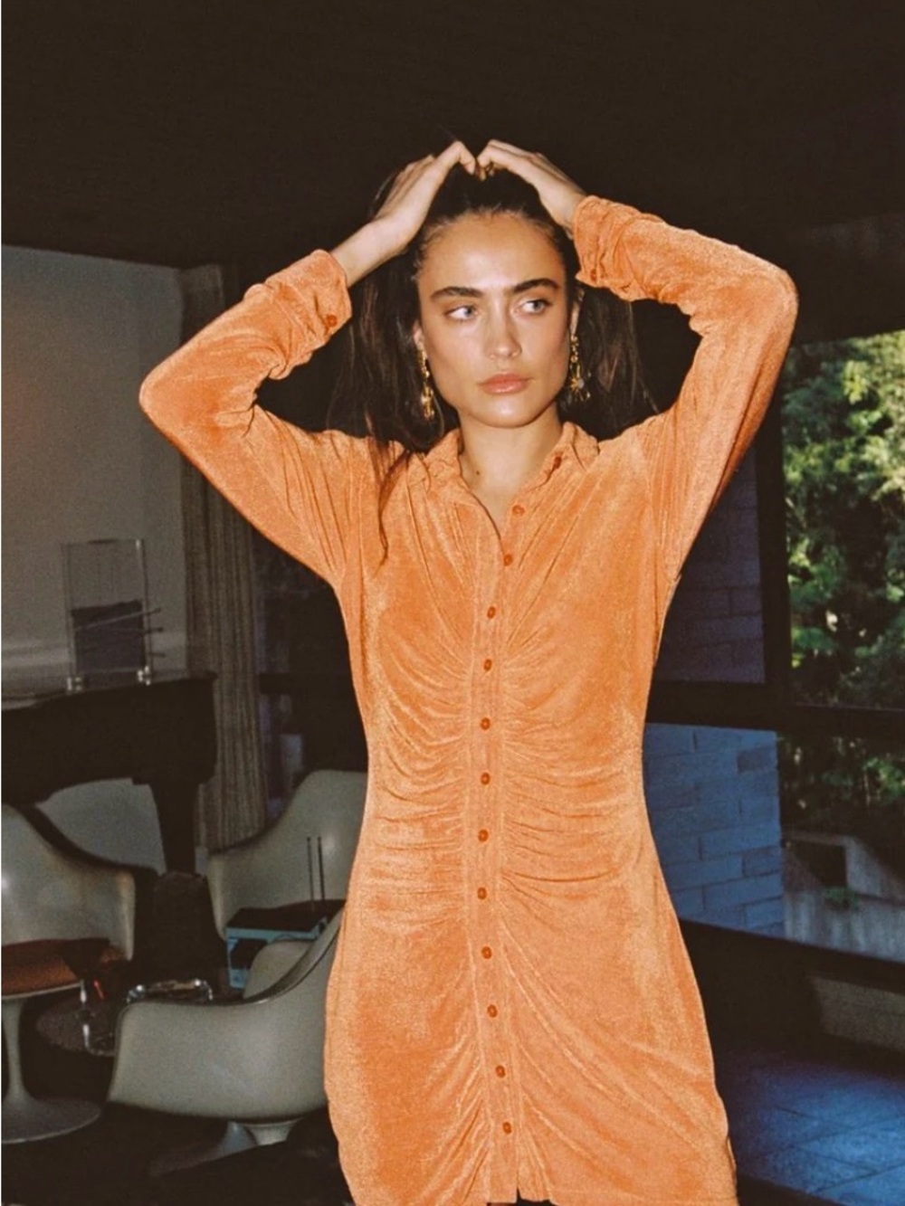 With Jean Andy Ruched Button-Front Orange Slinky Dress Size Large